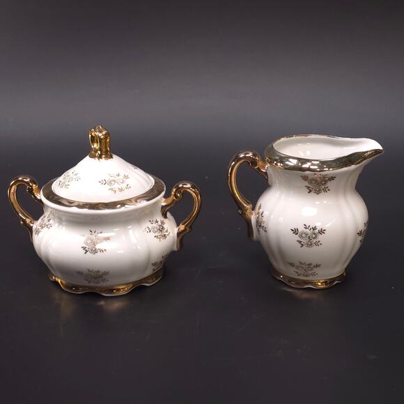MCM Japanese Porcelain Sugar & Creamer Set Gold Trim Romantic Courting Scene - Picture 3 of 10